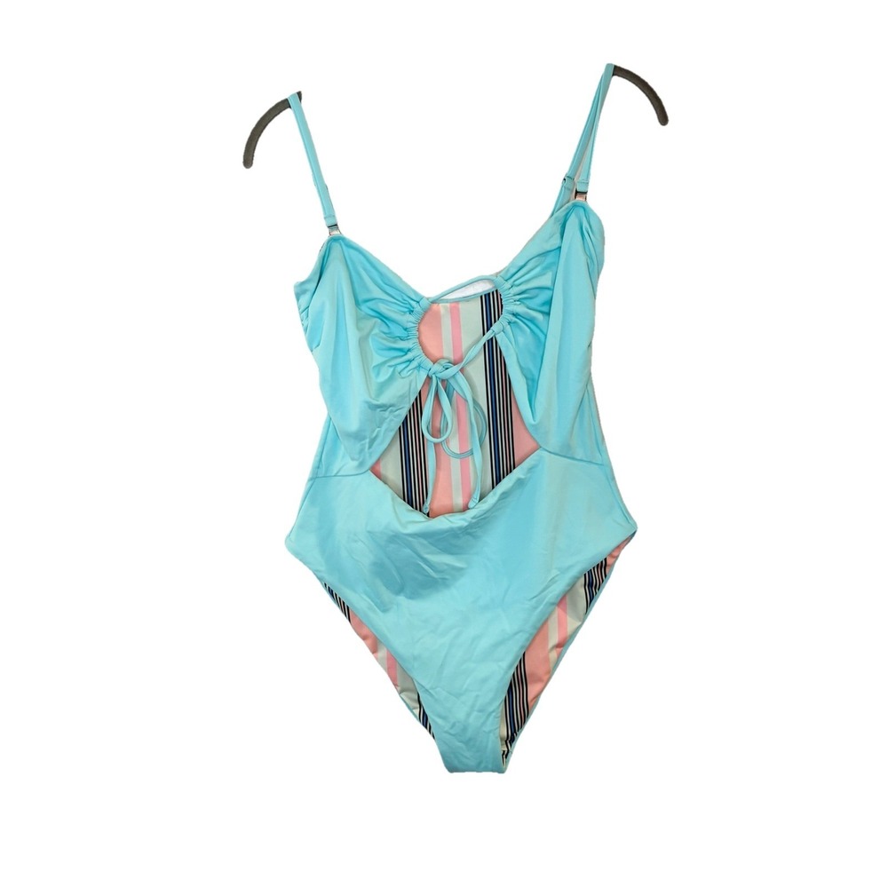 MAAJI Striped Reversible Cutout Tie Front One Piece Swimsuit Pink Blue Solid S - Picture 3 of 5